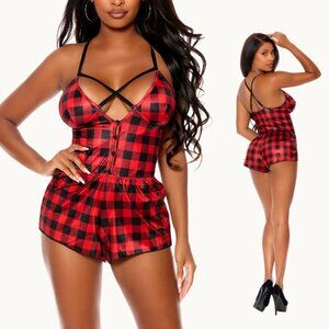 Buffalo Plaid Lingerie Romper Deep V Button Front Criss Cross NWT